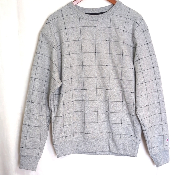 Champion Tops - Champion Grey Navy Grid Print Crewneck Sweatshirt Size Medium